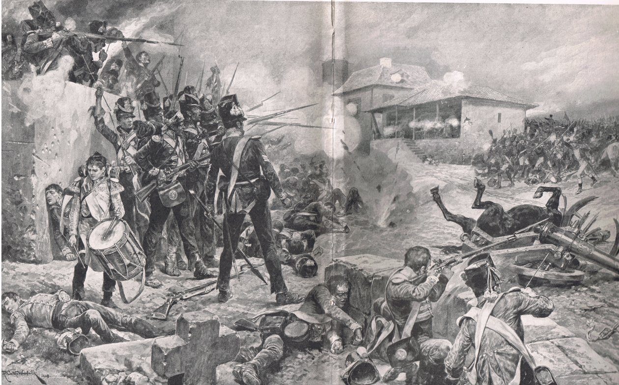 Hogyan nyerte el az 57. ezred a „The Die Hards” becenevet az albuerai csatában, 1811. május 16-án, illusztráció a „British Battles on Land and Sea” című könyvből, kiadó: Cassell, London, 1910 körül alkotó: Gordon Frederick Browne