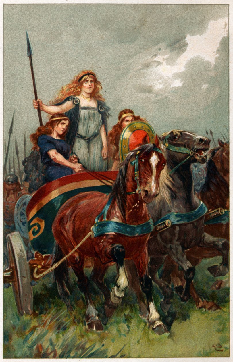 „Lándzsa a kézben, Boadicea támadásra késztette őket” – illusztráció Alice S. Hoffman „Az angol történelem hősei és hősnői” című művéből. alkotó: Gordon Frederick Browne