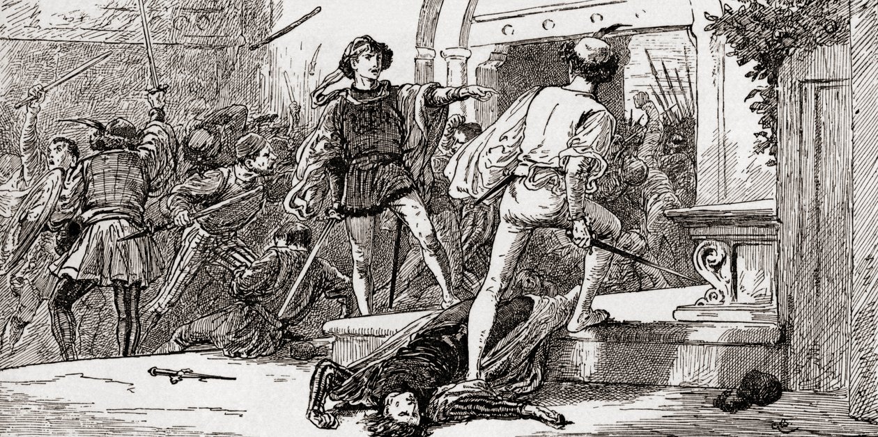 Tybalt megölte Rómeó, jelenet William Shakespeare Rómeó és Júlia című művéből, III. felvonás, 1. jelenet, William Shakespeare műveiből, 1896. alkotó: Gordon Frederick Browne