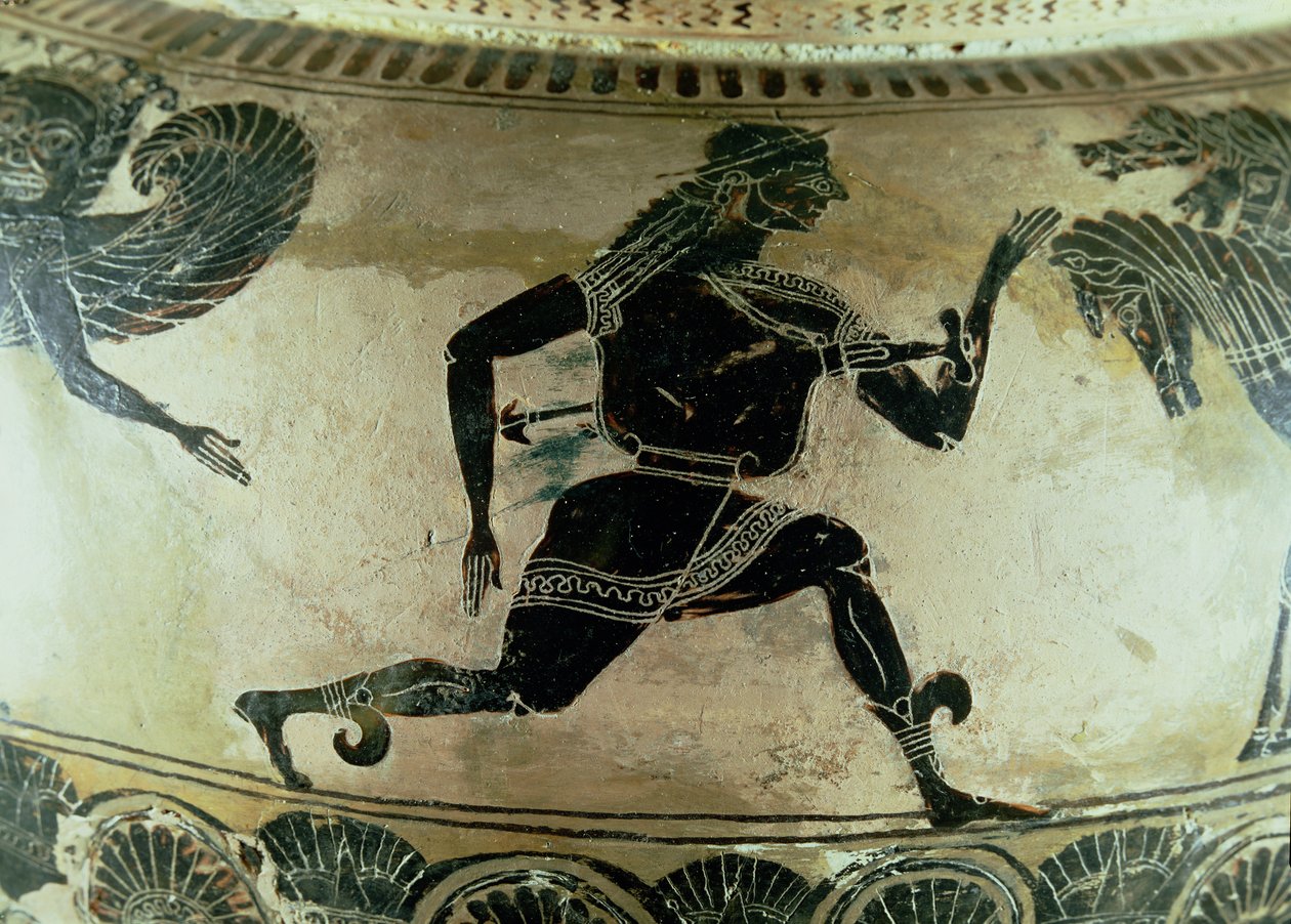 Perseus a Gorgonok elől menekül, részlet egy attikai fekete dínókból, görög, Kr.e. 590 körül (kerámia) alkotó: Gorgon Painter