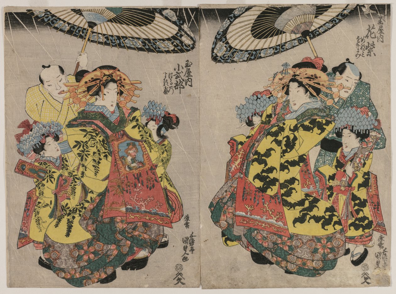 Hanamurasaki és Koshikibu kurtizánok a Tamaya Promenading in the Rainben c. 1830-as évek eleje. alkotó: Gototei Kunisada