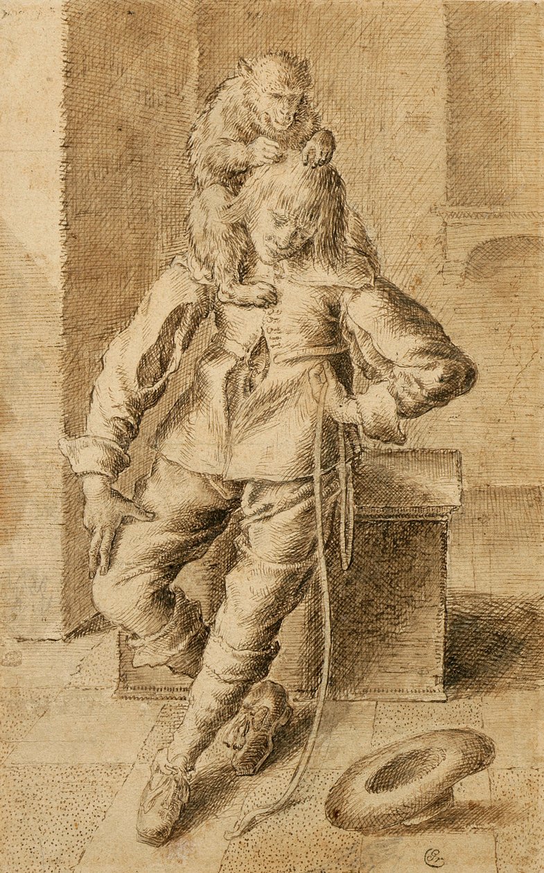 Cavalier majommal (barna tinta és bisztre bézs papíron) alkotó: Gottfried Libalt