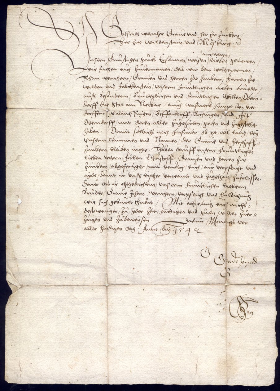 Gottfried Werner von Zimmer gróf levele Schultheißnek, Oberndorf és Schultheißen város polgármesterének, tanácsának és közösségének, Waldmössingen, Beffendorf, Bochingen és Altoberndorf falvak bíráinak és közösségeinek, 1542. október 30 -án; Kerületi levél alkotó: Gottfried Werner von Zimmern