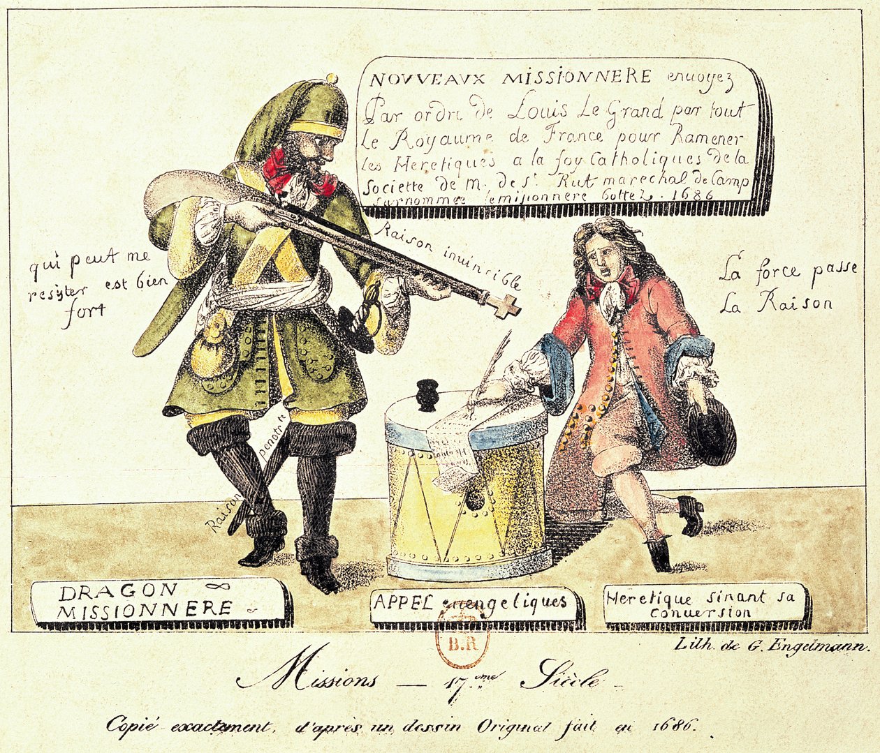 A 17. század küldetései: A misszionárius dragonyos, aki egy hugenottát arra kényszerít, hogy aláírja a katolicizmusra való áttérését, pontos másolat egy 1686-os eredeti rajz után alkotó: Gottfried or Godefroy Engelmann