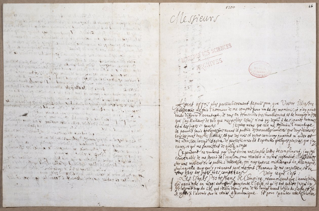Leibniz 1700. február 8-i párizsi Academie des Sciences felvételéről írt levelének első oldala alkotó: Gottfried Wilhelm Leibniz