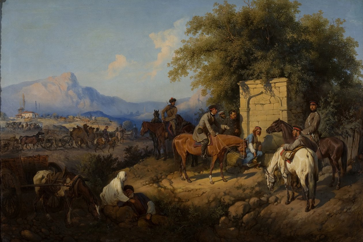 Az orosz csapatok átkelnek a Kaukázus-hegységen Adjariában, 1872 alkotó: Gottfried Willewalde