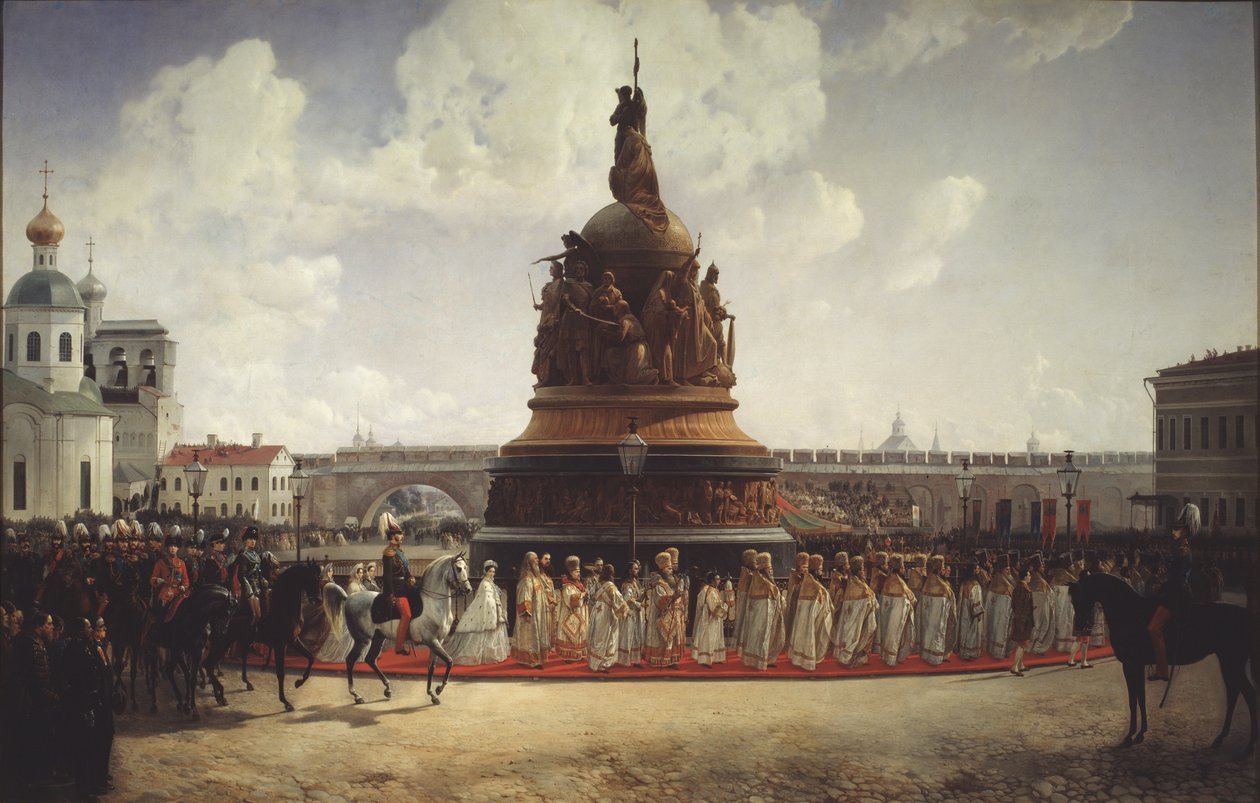 Az orosz millenniumi emlékmű felszentelése Novgorodban 1862-ben, 1864-ben alkotó: Gottfried Willewalde