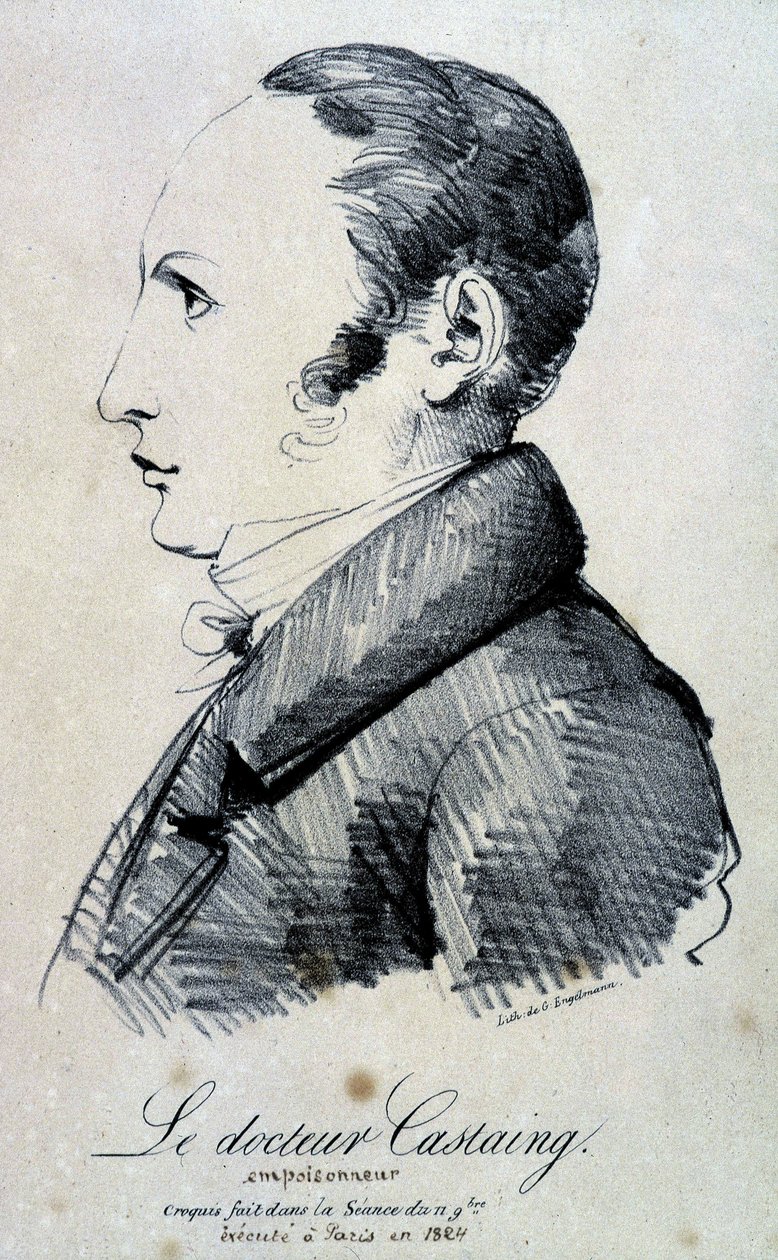 Dr. Castaing, mérgező portréja. Morfinsóval, hidrokloriddal ölte meg barátját, Hippolyte Balettet 1823-ban. 1824-ben Párizsban végezték el. Engelmann litográfiája a november 11-i ülésen készült vázlatból. alkotó: Gottfried or Godefroy Engelmann