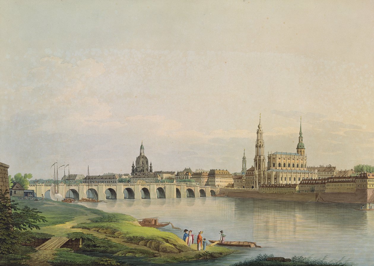 Drezda látképe az újváros nyugati részéről (a Frauenkirche-vel, a protestáns templommal, az Augustus híddal és a katedrálissal) Christian Gottlob Hammer (1779-1864) metszetével (színes metszet) alkotó: Gottlob Thormeyer or Thormeier