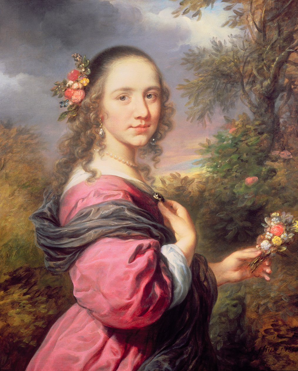 Egy lila ruhát viselő hölgy portréja alkotó: Govaert Flinck