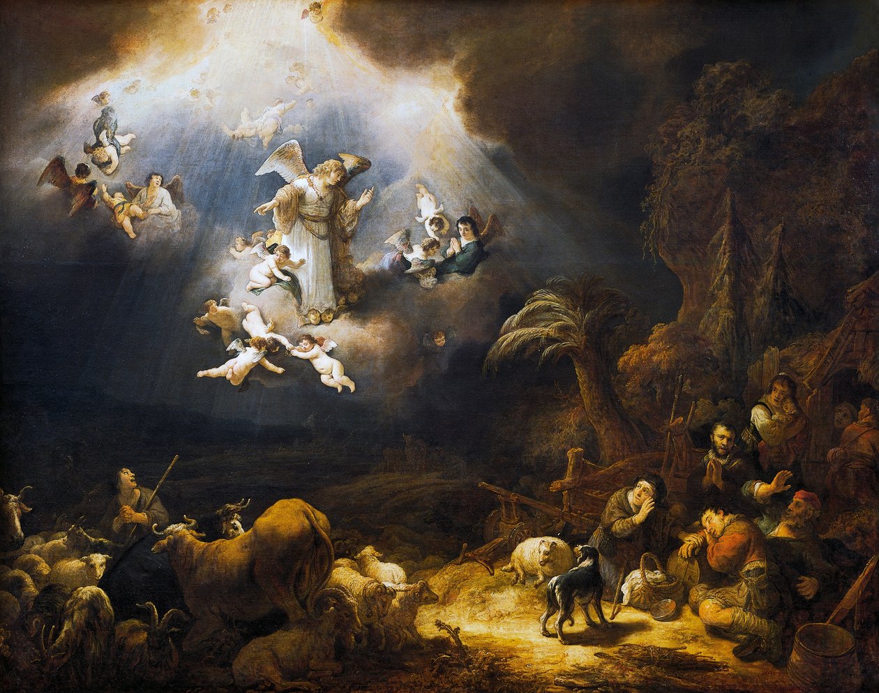 Angyalok jelentik be Krisztus születését a pásztoroknak alkotó: Govaert Flinck