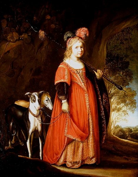Portré egy fiatal lányról, mint Diana, egy tisztáson két agárral alkotó: Govaert Flinck