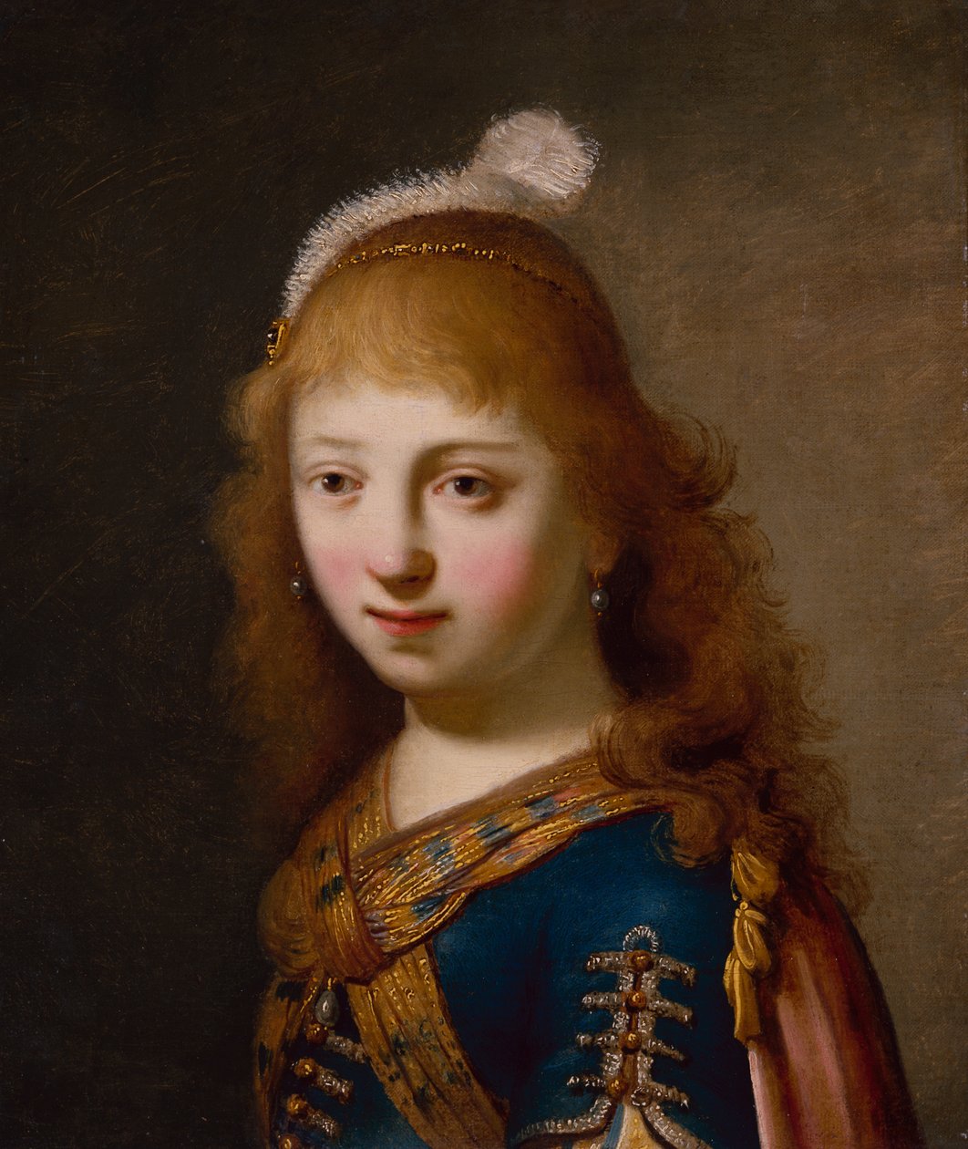 Fiatal lány kék ruhával és piros köpennyel (olaj, vászon) alkotó: Govaert Flinck