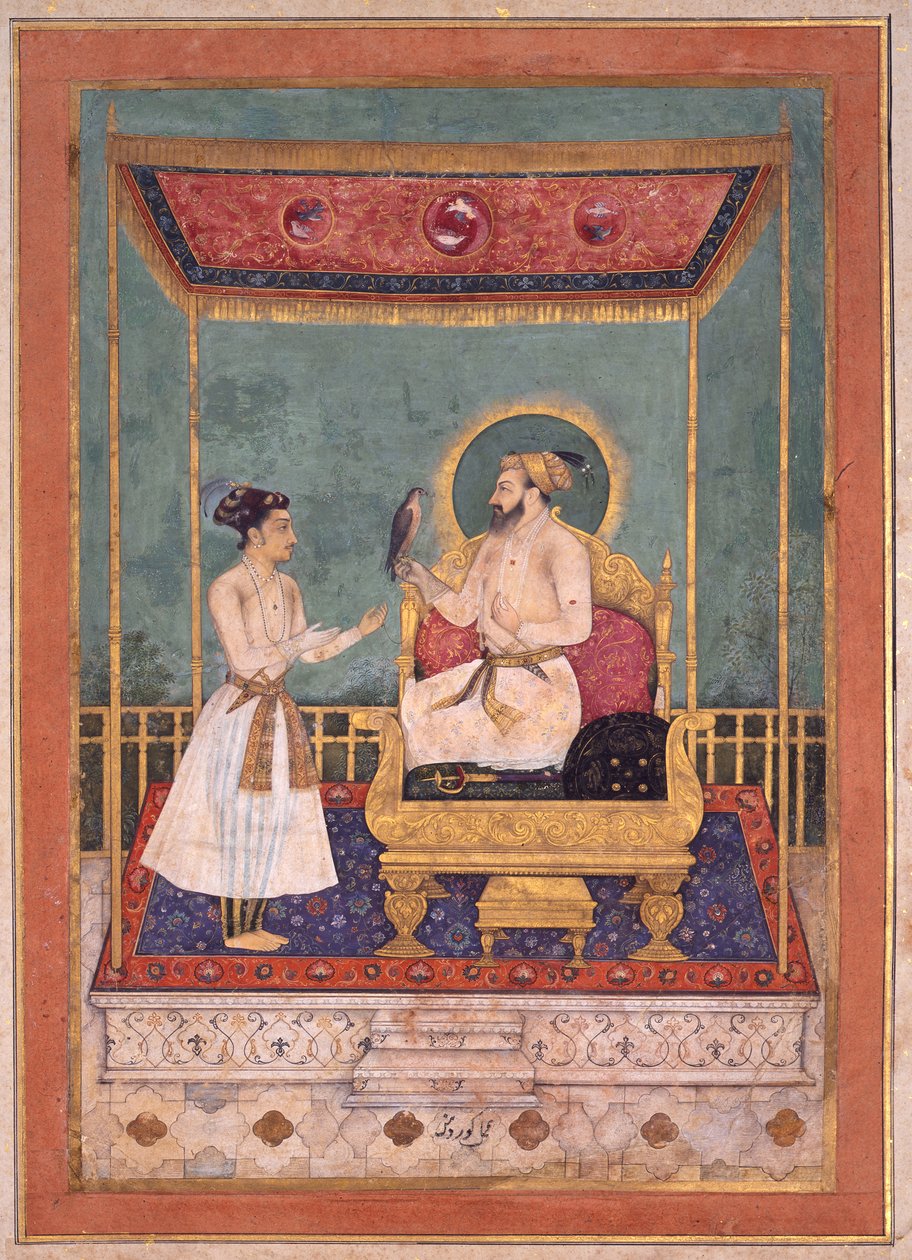 Shah Jahan trónol fiával, Dara Shikoh, 1630-1640 körül (átlátszatlan wc és arany, papír) alkotó: Govardhan