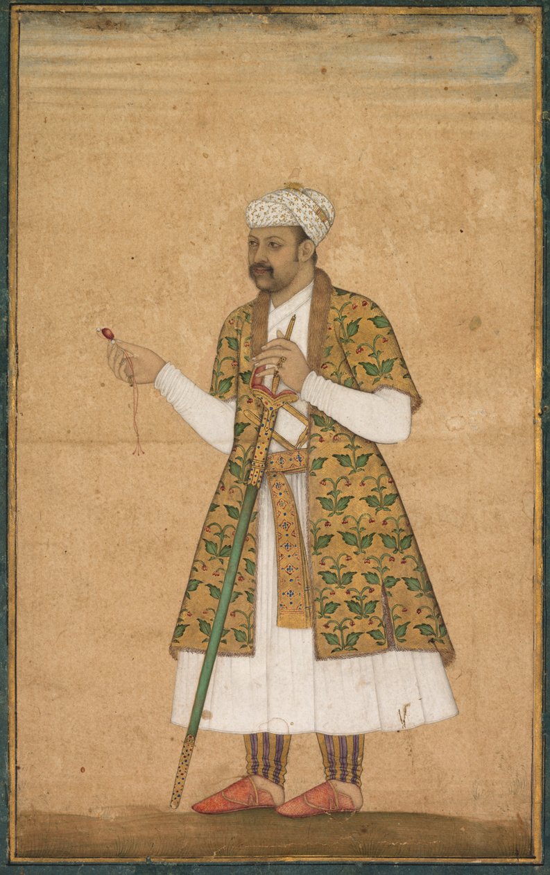 Egy udvaronc, esetleg Alam kán, Spinelt és Deccan kardot tart, c. 1605-1610. alkotó: Govardhan