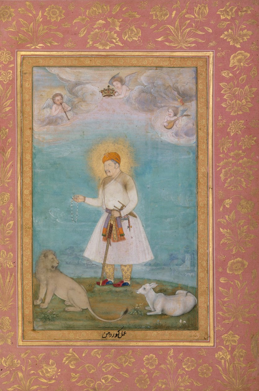 Akbar oroszlánnal és borjúval, 1630 körül alkotó: Govardhan