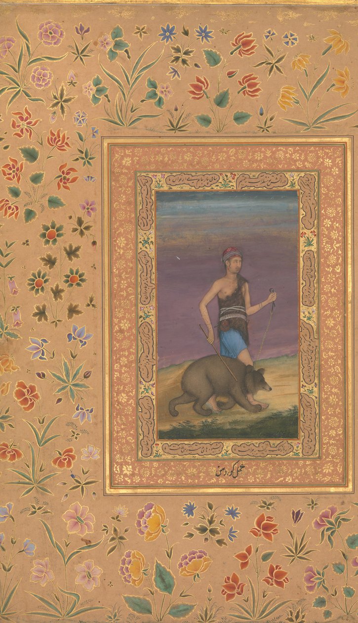 Dervish egy medvét vezet, Folio a Shah Jahan albumból, recto: kb. 1630-40, fordítva: kb. 1530-40 alkotó: Govardhan
