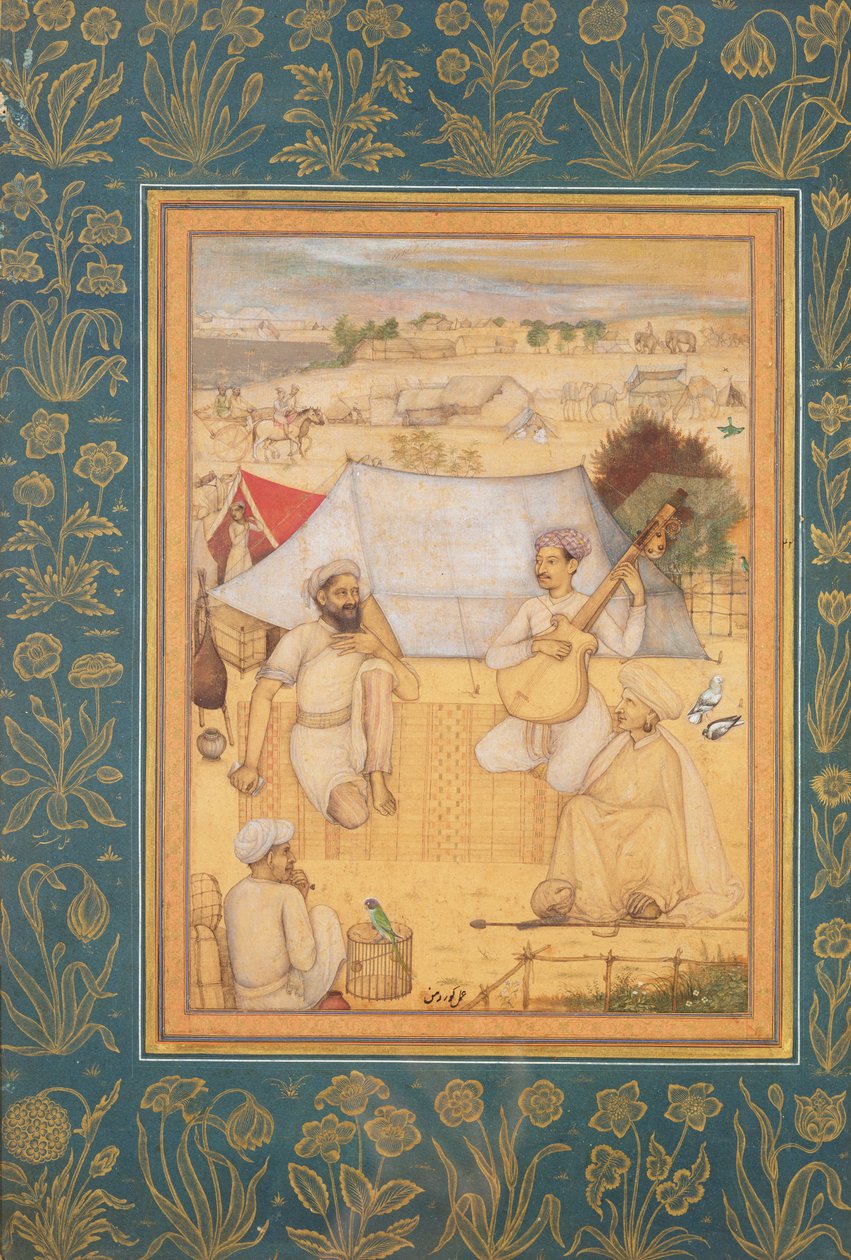 Zenészek és énekesek térdelnek egy mogultábor szélén. Egy jógi és egy szolga Hallgassa meg őket, a Minto Albumból, 1630 körül alkotó: Govardhan