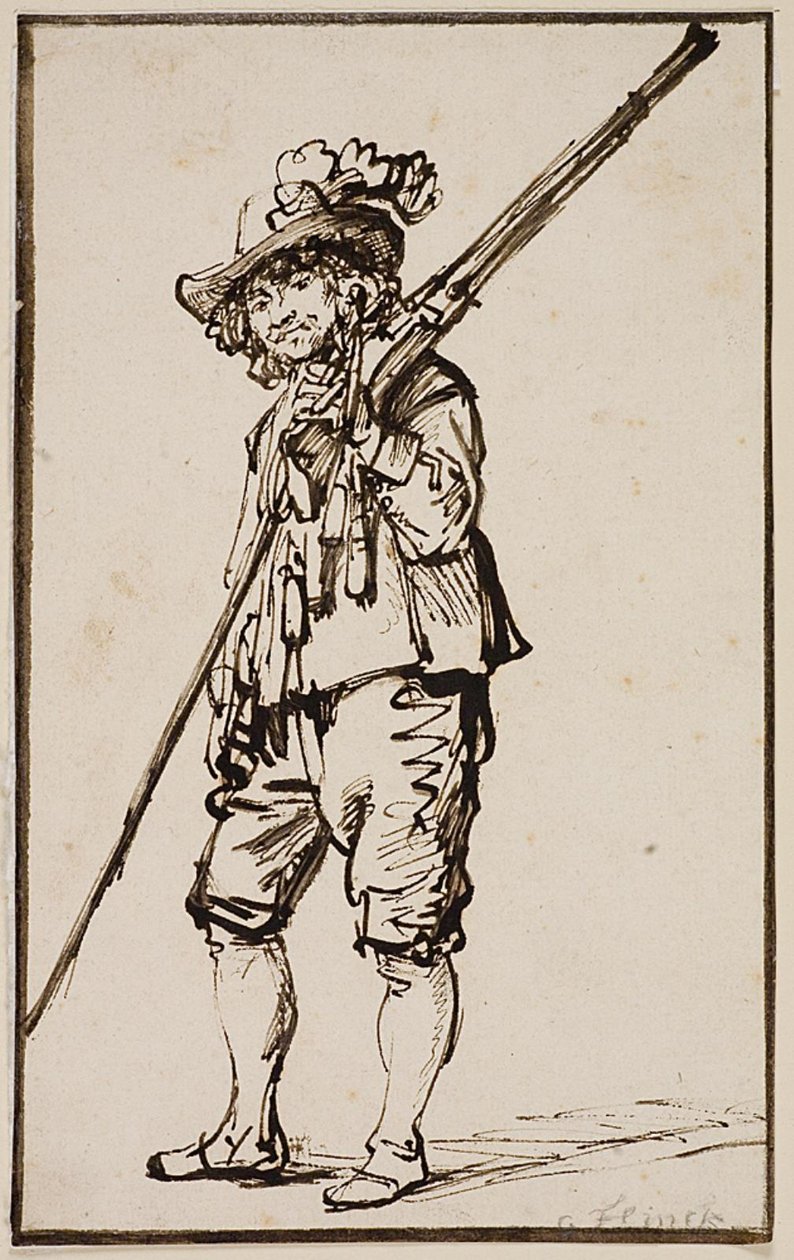 Egy álló katona muskétával a vállán alkotó: Govert Flinck