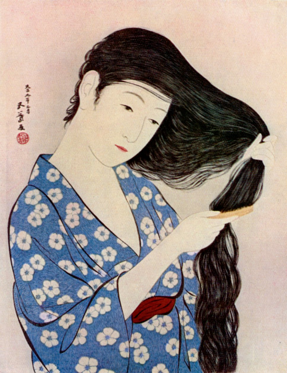 Egy haját fésülködő japán nő, 1920 1930. alkotó: Goyo Hashiguchi