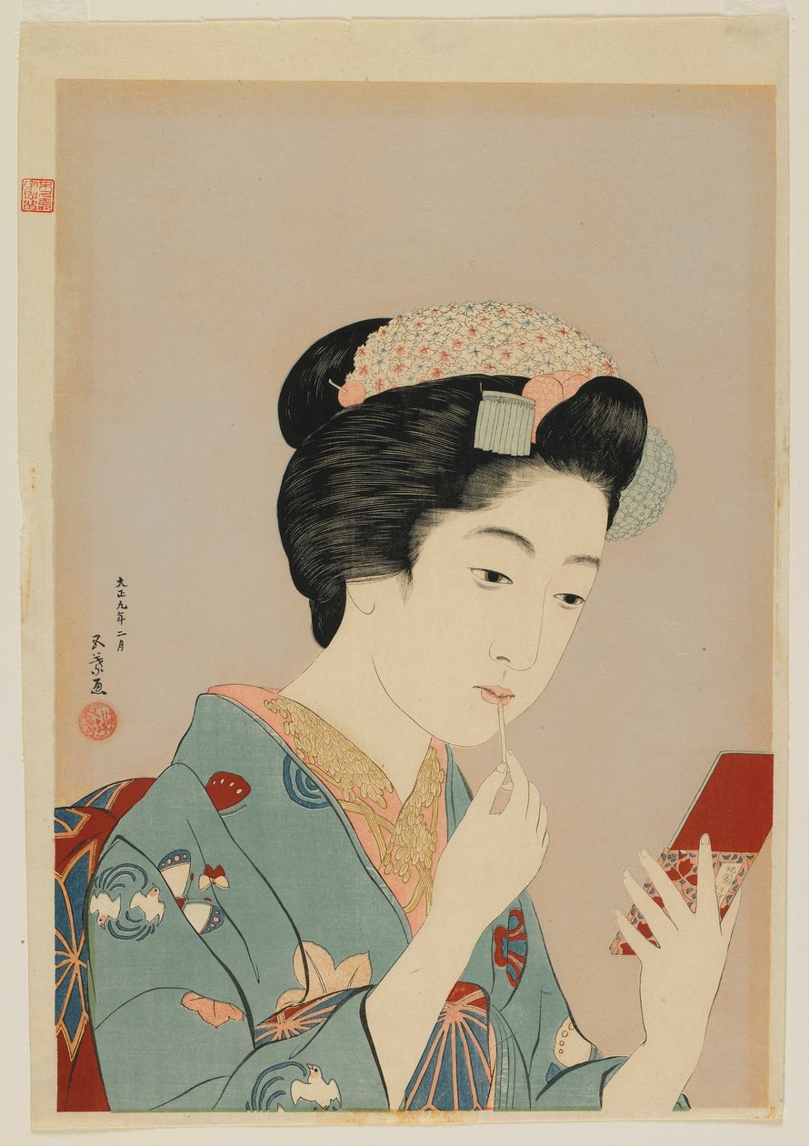 Nő ajakrúzst ken, Taisho korszak, 1920 február (színes fametszet) alkotó: Goyo Hashiguchi