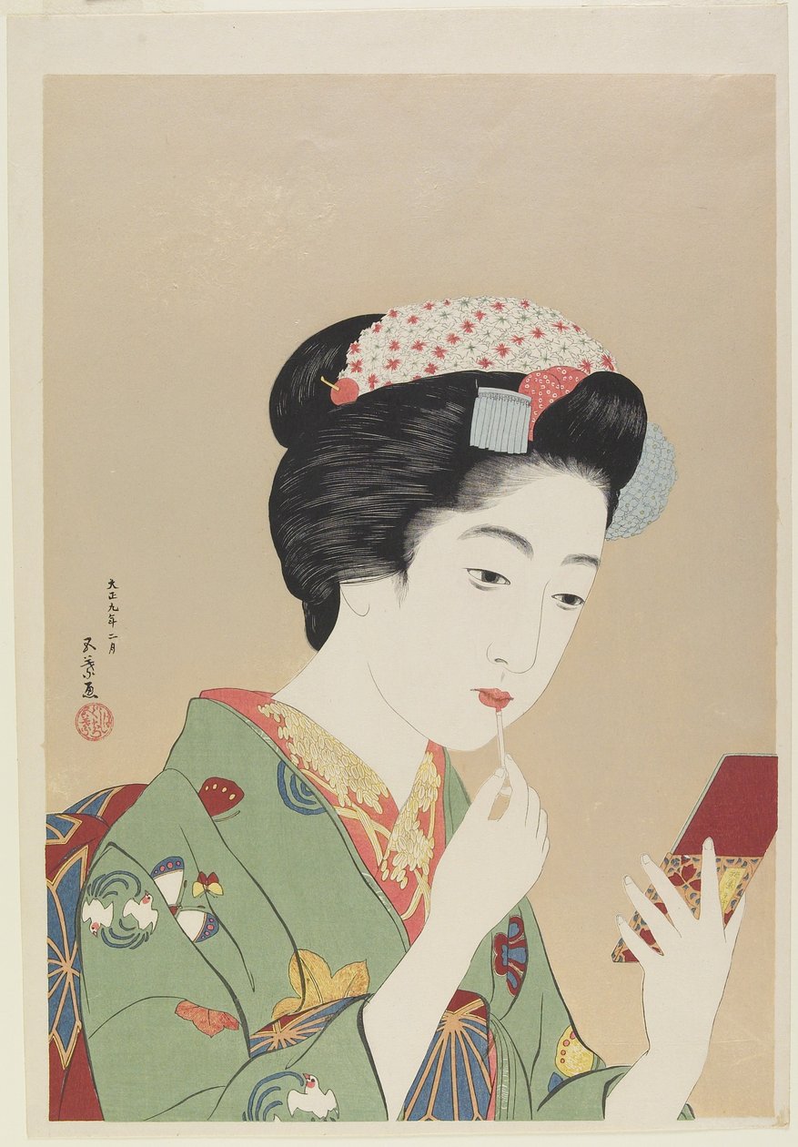 Nő, aki ajakkefét tart, 1919. február alkotó: Goyo Hashiguchi