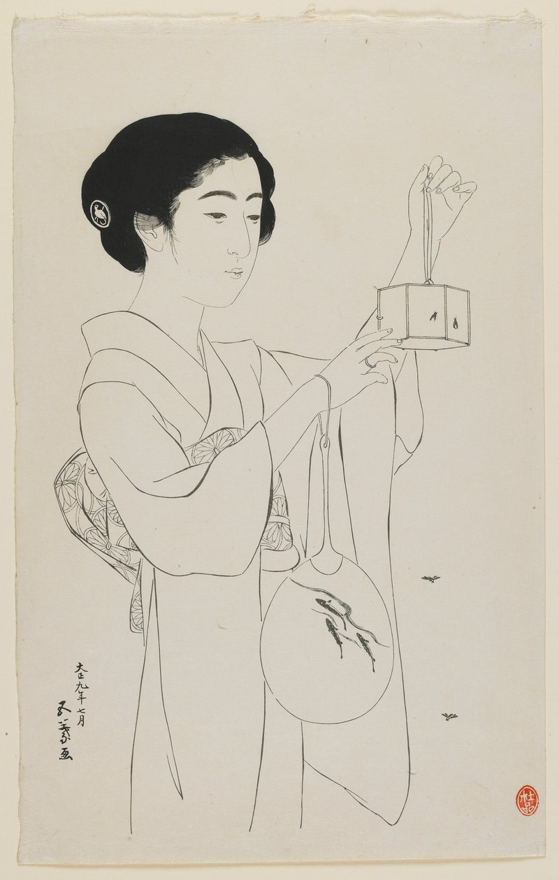 Nő, aki egy szentjánosbogár kalitkát tart, Taisho korszak, 1920 július (fametszet) alkotó: Goyo Hashiguchi
