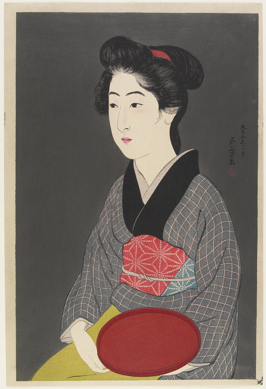Nő, aki tálcát tart, 1920 alkotó: Goyo Hashiguchi