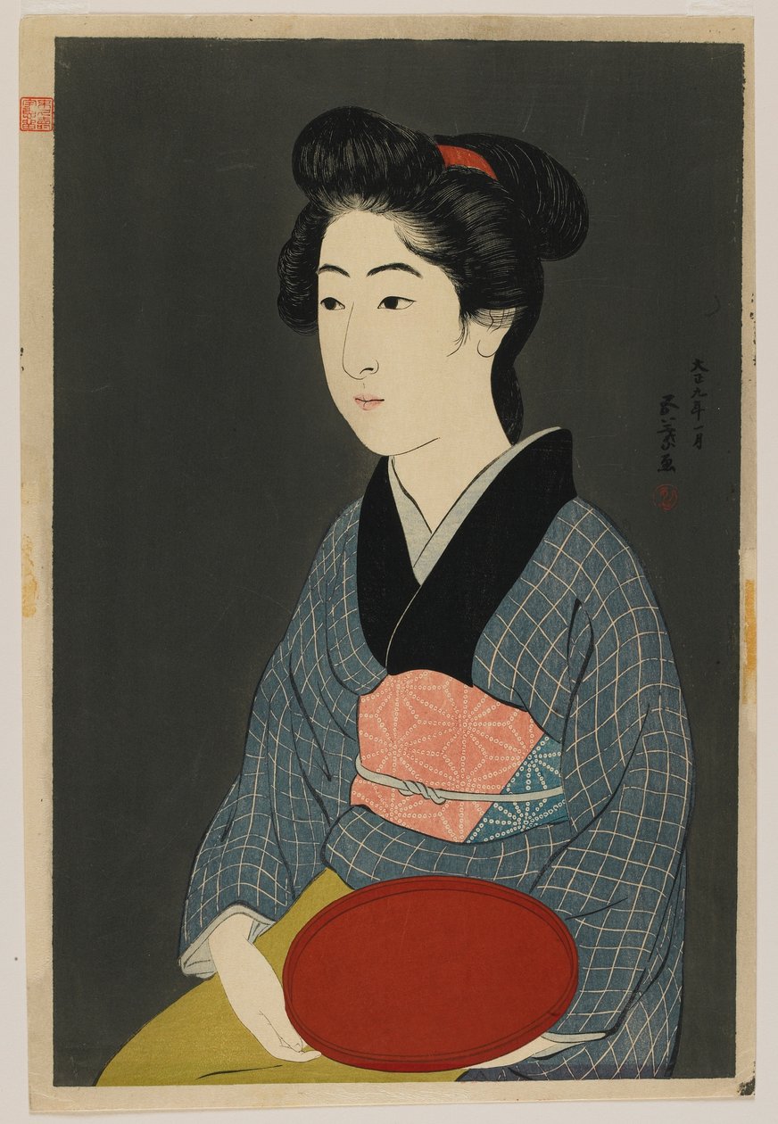 Tálcát tartó nő, Taisho korszak, 1920 január (színes fametszet) alkotó: Goyo Hashiguchi