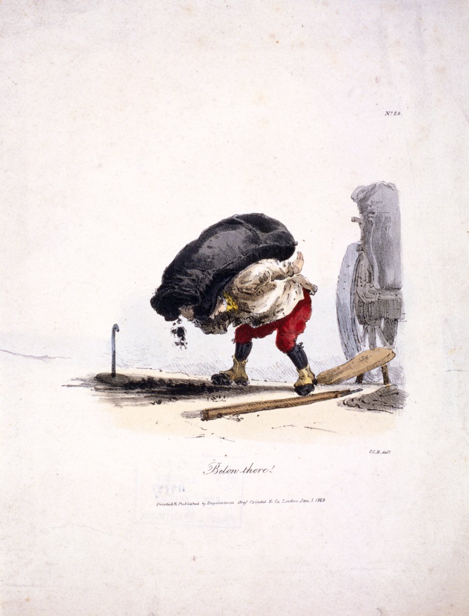 Egy szénásó képe, aki egy nehéz zsák szenet vesz le a kocsijáról, 1828 alkotó: Graf Engelmann Coindet and Company