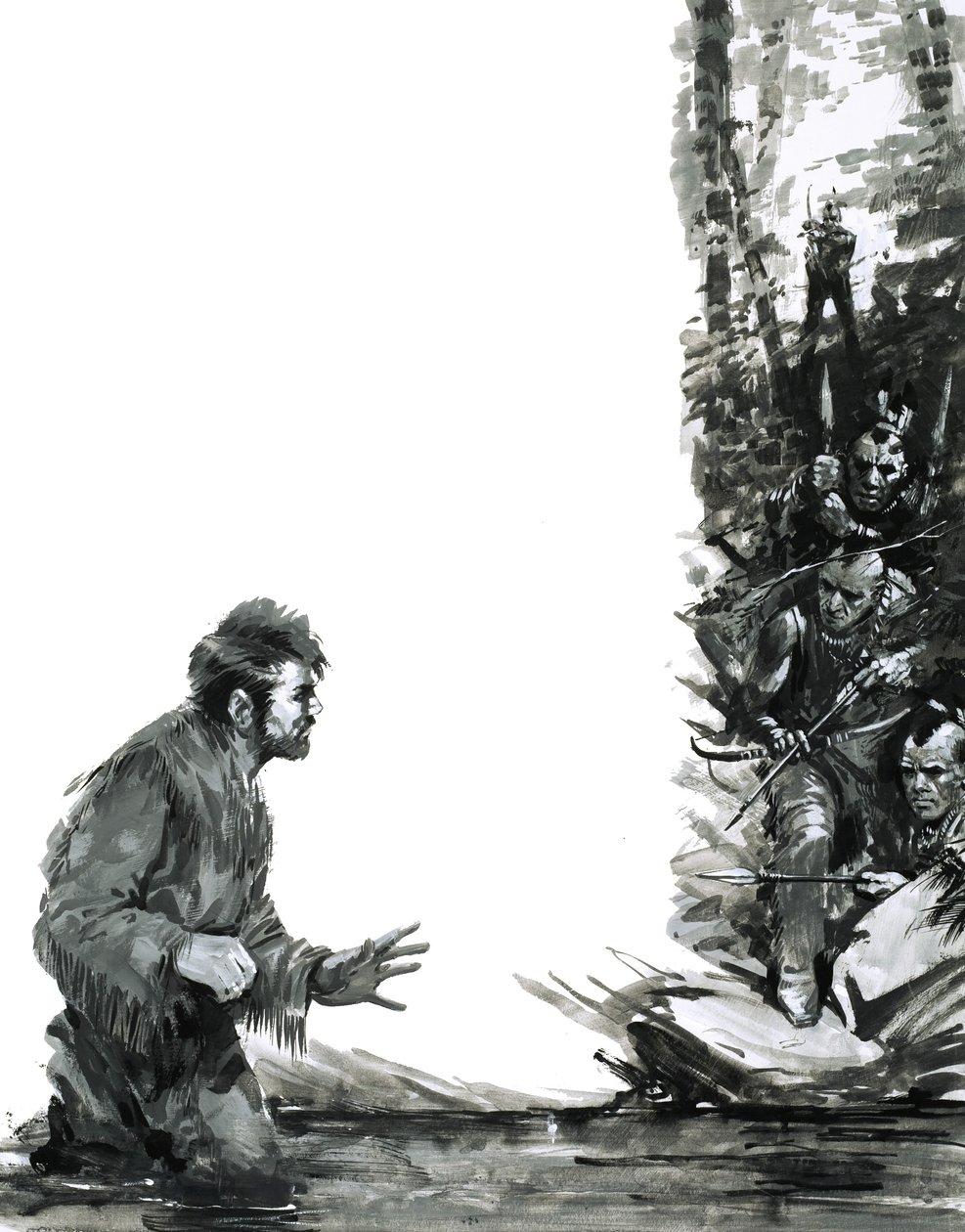 Alexander Mackenzie-t indiánok fenyegetik, miközben egy folyón gázol át alkotó: Graham Coton