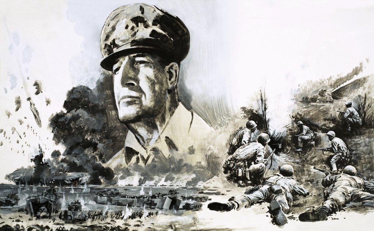 Douglas MacArthur a D-napi partraszállás jeleneteivel alkotó: Graham Coton