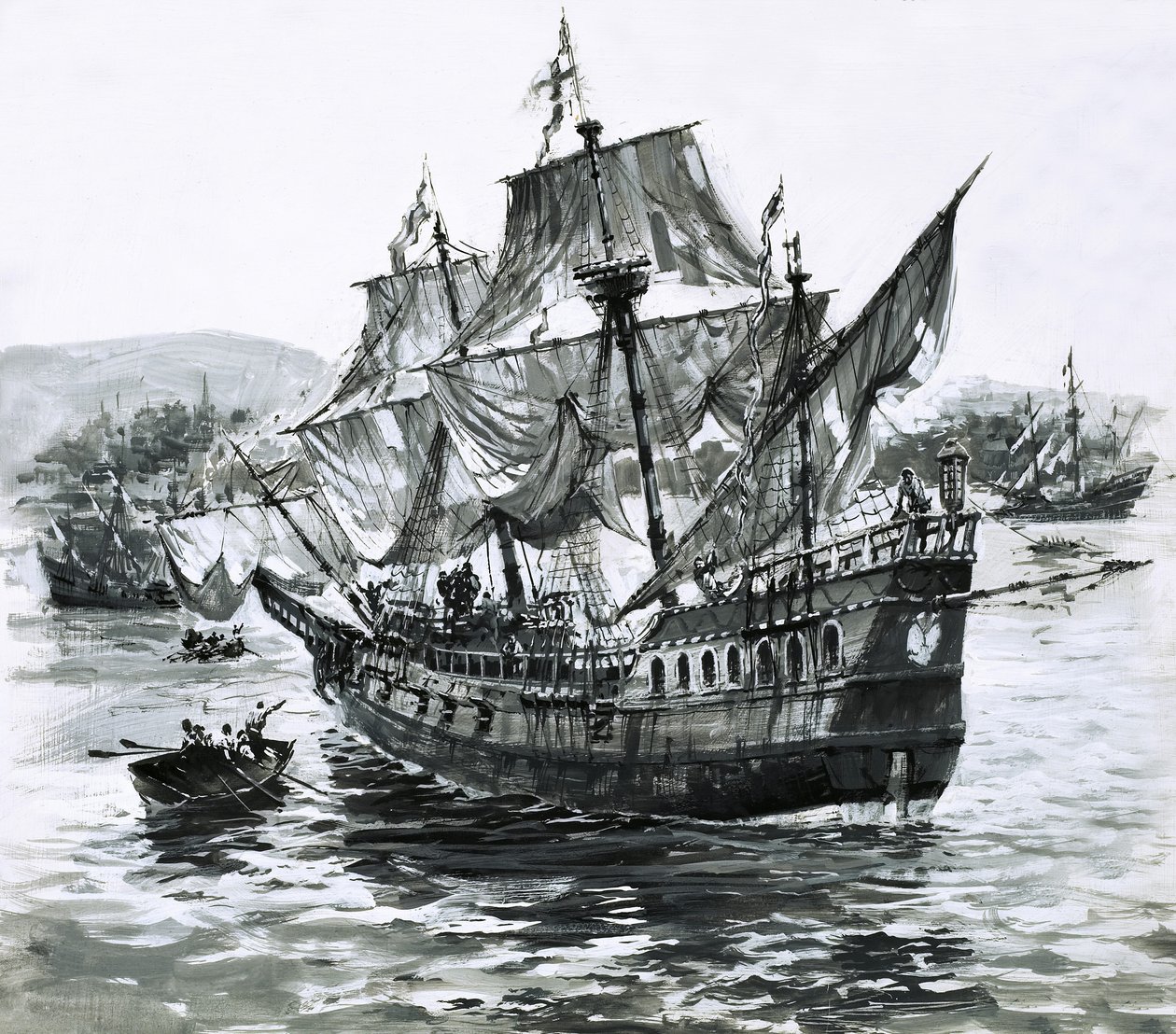 Drake hajója, az Arany Hind, hatalmas gazdagságot szállítva sántikál vissza Portsmouthba. alkotó: Graham Coton