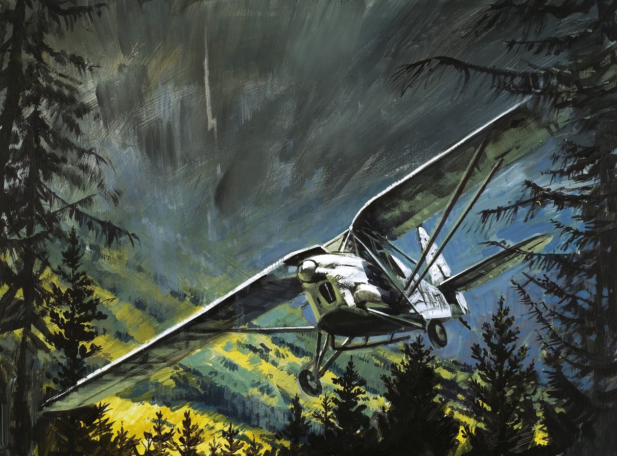 Bert Hinkler úttörő pilóta küzd De Havillandjának irányításával. alkotó: Graham Coton