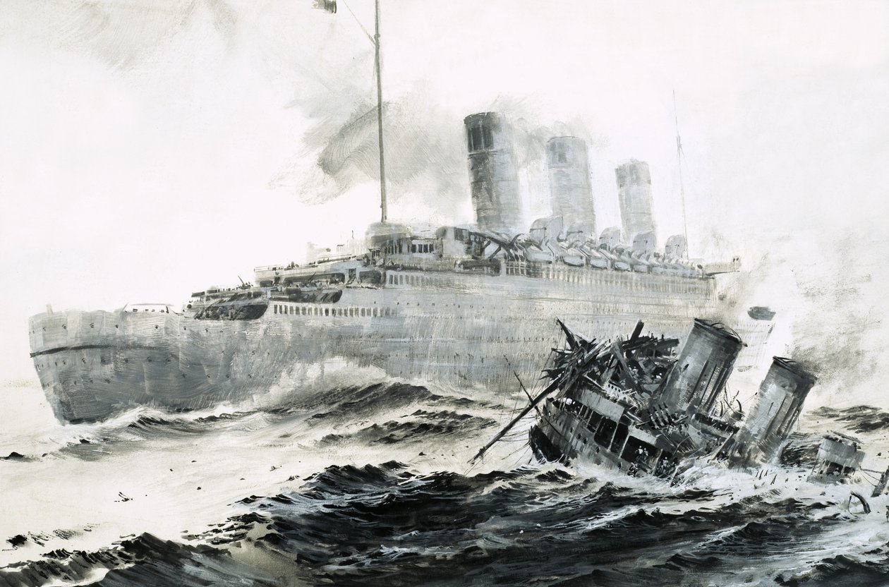 A Queen Mary összeütközik kísérőhajójával, a Curacoa-val, elsüllyesztve a hajót. alkotó: Graham Coton