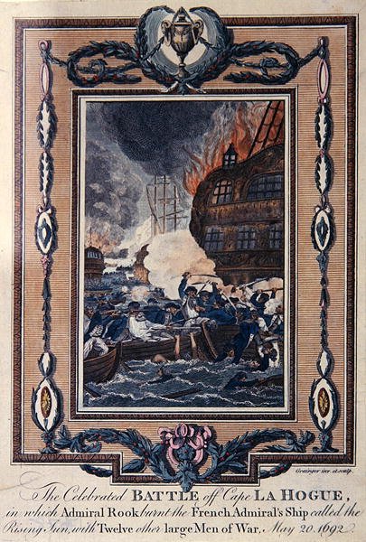A La Hogue-foknál vívott híres csata, 1692. május 20. (színes metszet) alkotó: Grainger