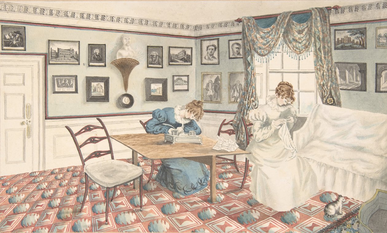 Két fiatal nő ír és varr egy enteriőrben Hattonban, Warwickshire-ben, 1820-30. alkotó: Granddaughters of Dr. Samuel Parr.