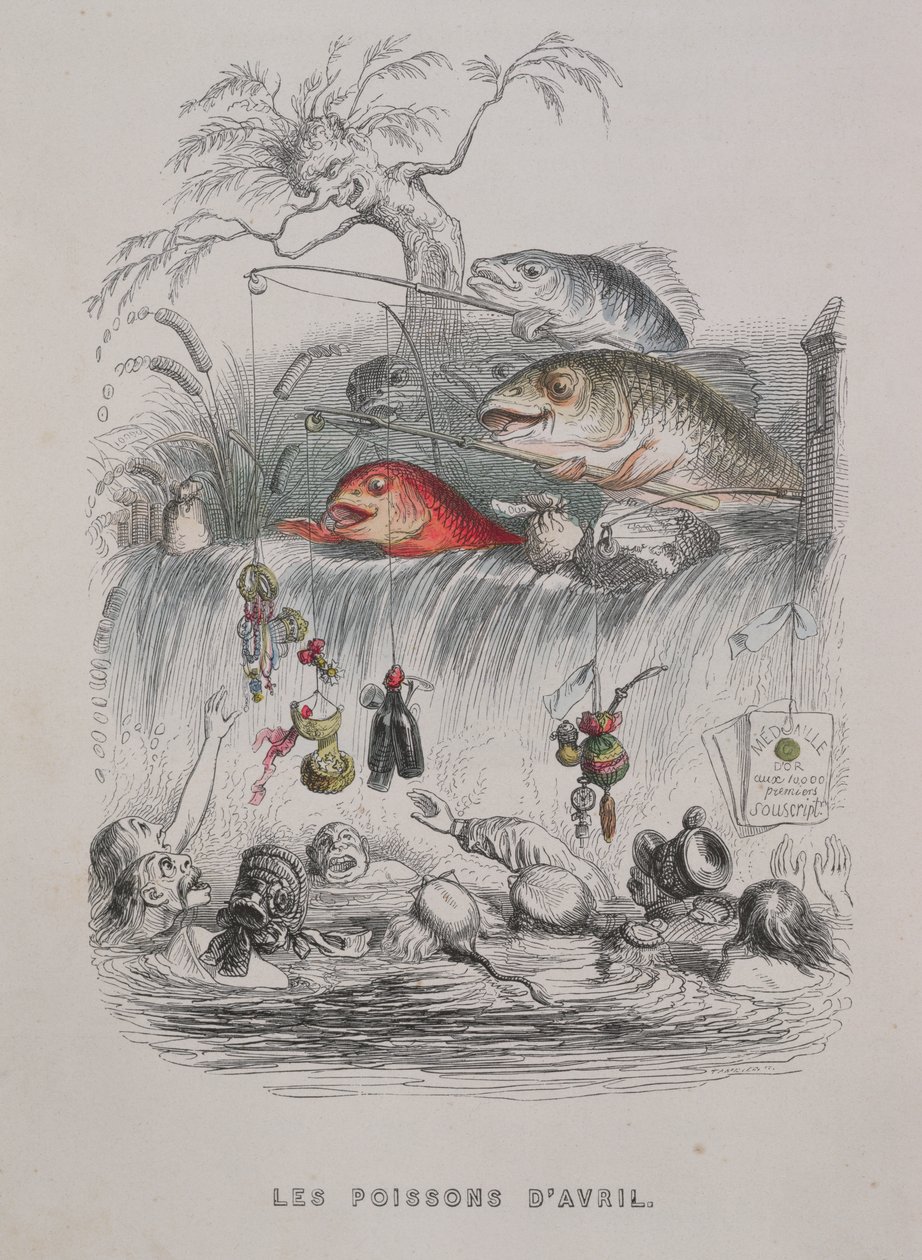 Április bolondok napi illusztrációja, az „Un Autre Monde”-ból, 1844 (színes metszet) alkotó: Grandville