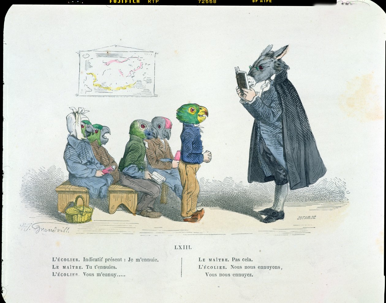 „Konjugáld a jelenlegi jelzőt – unatkozom...” karikatúra a „Les Metamorphoses du Jour” sorozatból, újranyomva 1854-ben alkotó: Grandville
