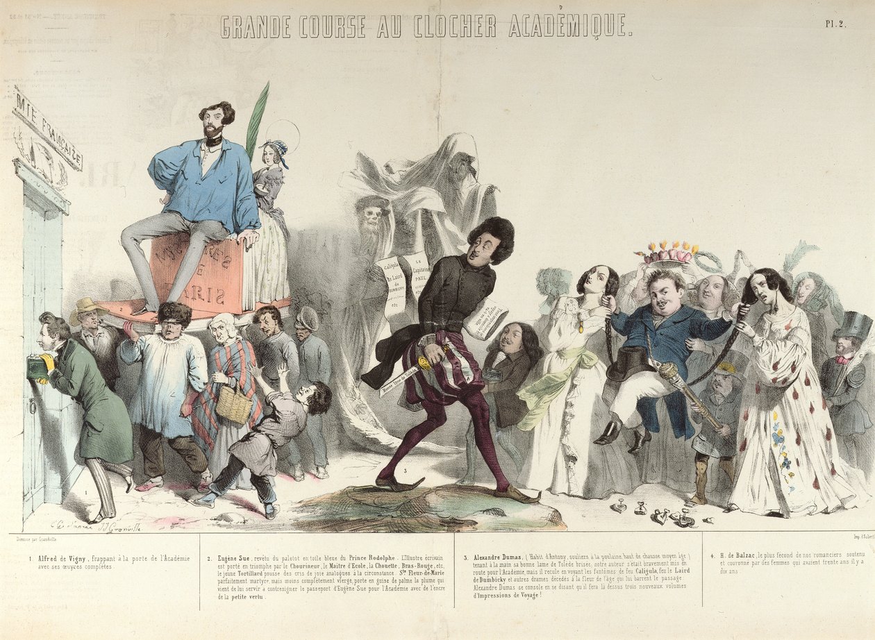 „Grande Course au Clocher Academique”, az Institut de France karikatúrája, 1839 (lásd még: 218694) (színes metszet) alkotó: Grandville