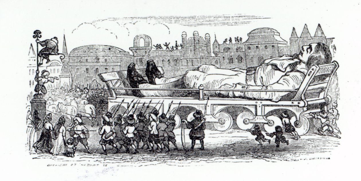 Gullivert a liliputi fővárosba szállítják, illusztrációja Jonathan Swift „Gulliver utazásai” című könyvéből, 1838 alkotó: Grandville