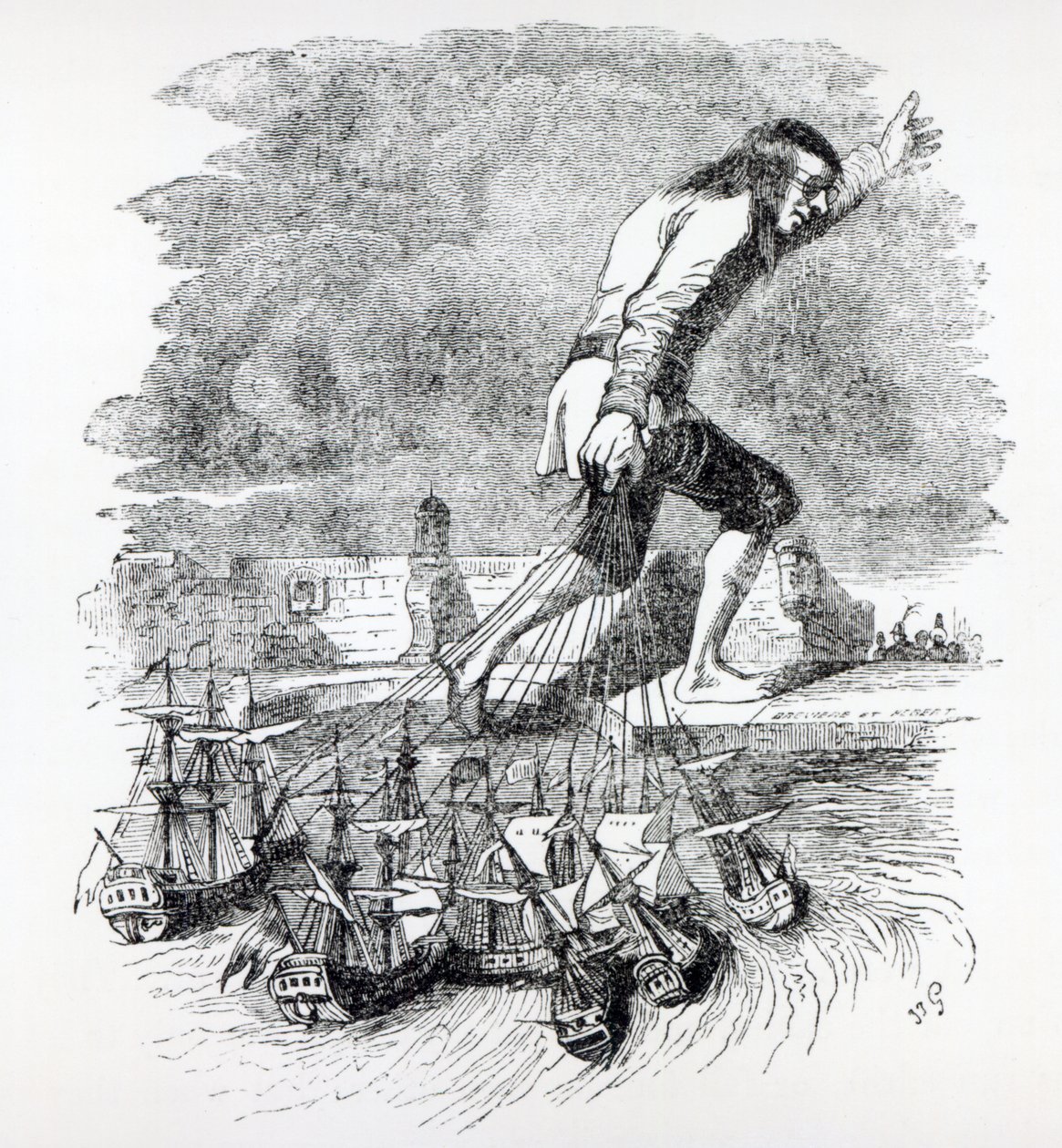 Gulliver ellopja a Blefuscudi flottát, illusztráció Jonathan Swift „Gullivers utazásai” című művéből, 1838 alkotó: Grandville