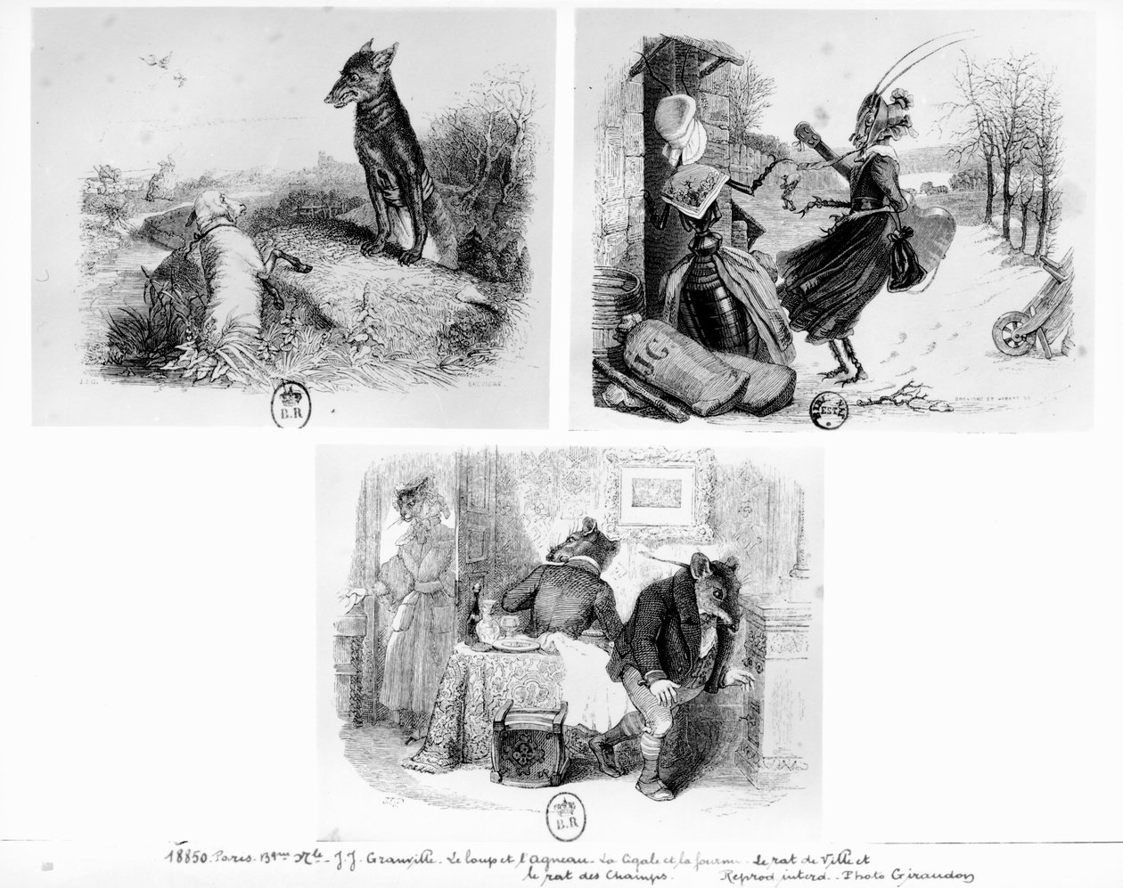 Illusztráció a Farkas és a bárány, a kabóca és a hangya, valamint a „városi patkány és a vidéki patkány” meséihez Jean de La Fontaine (1621-95) „Fables”-ból alkotó: Grandville