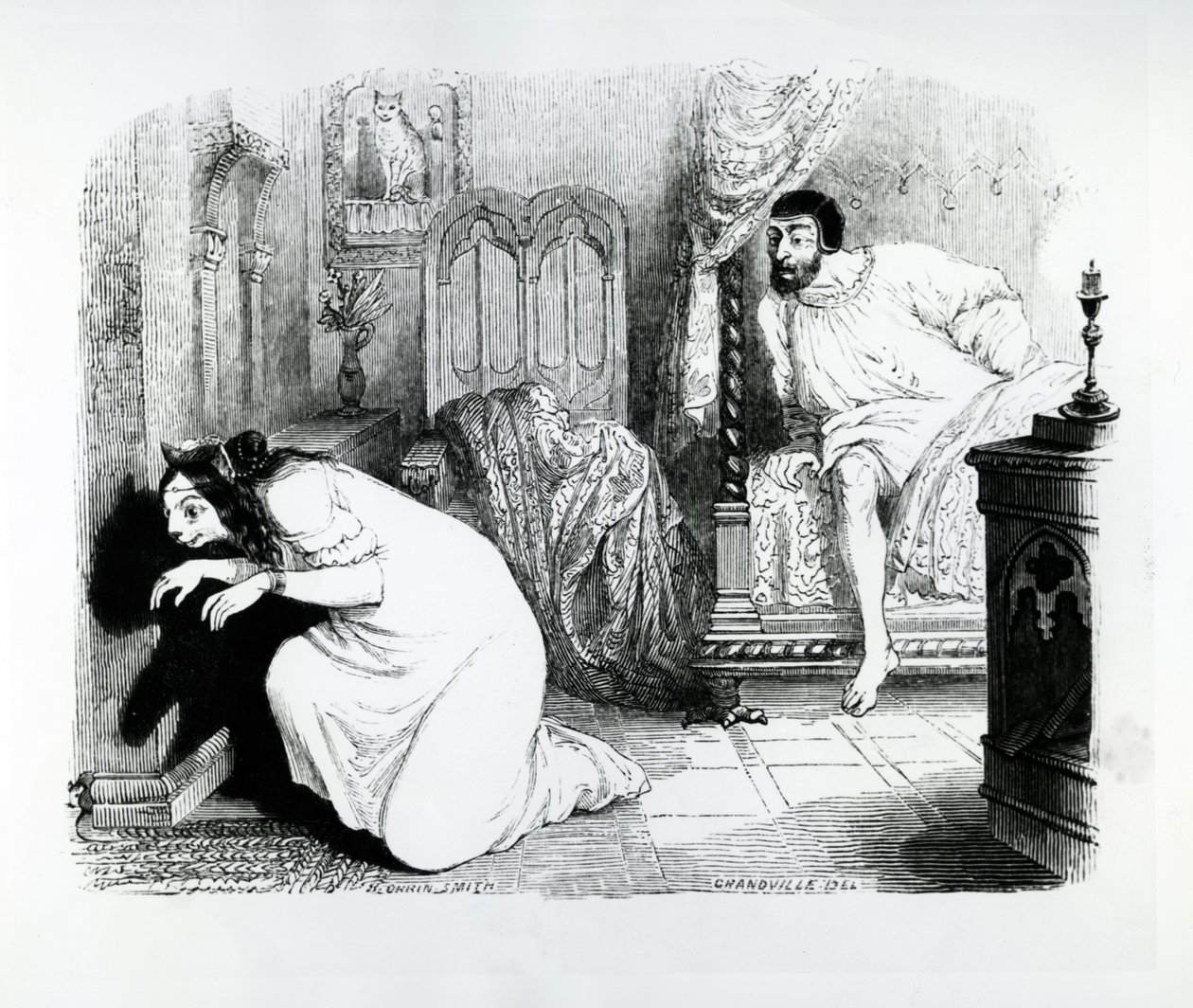 A nővé átalakult macska, illusztráció a La Fontaine „Fables”-hoz, H. Fournier Aine, 1838 alkotó: Grandville