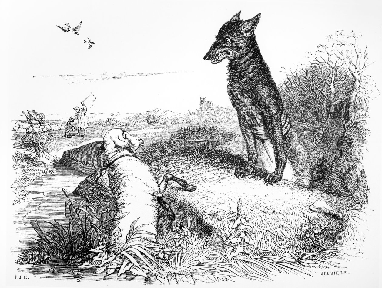 A farkas és a bárány, illusztráció a La Fontaine „Fables”-hoz, H. Fournier Aine, 1838 alkotó: Grandville