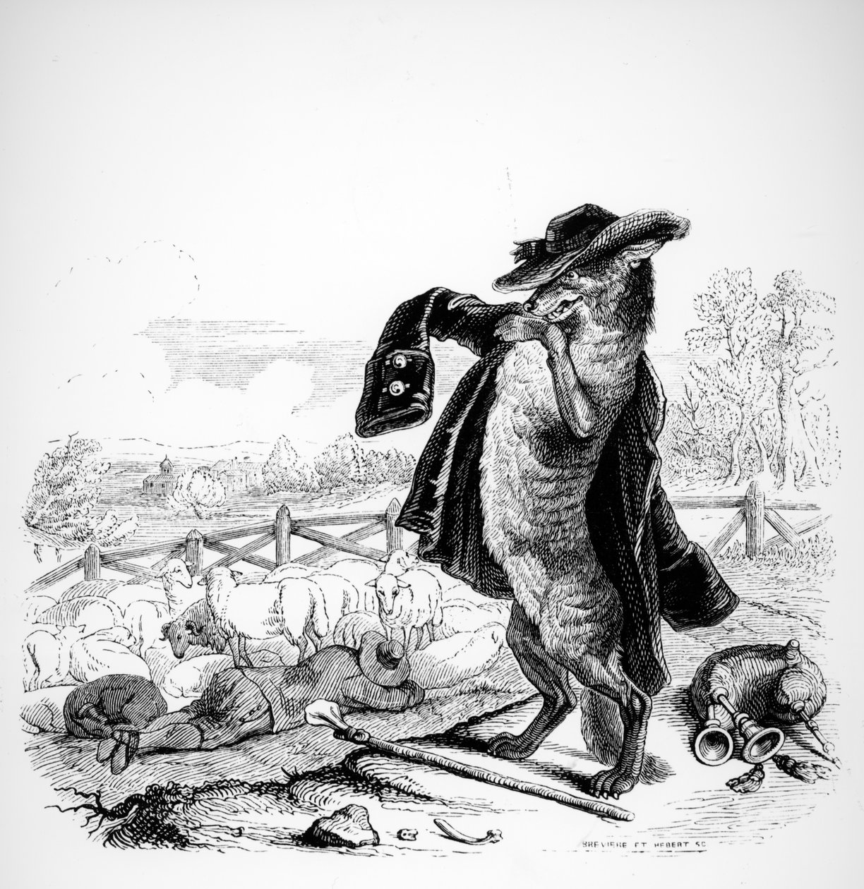 A farkasból pásztor, illusztráció a La Fontaine „Fables”-hoz (1621-95), kiadó: H. Fournier Aine, 1838 alkotó: Grandville