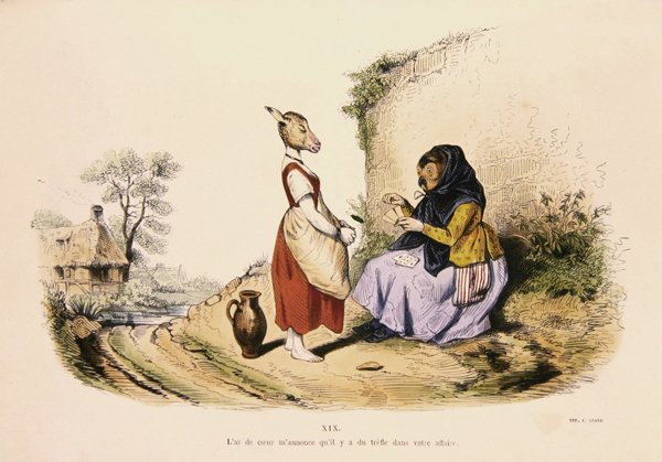 „Egy szamár szerencséjét megmondó bagoly” karikatúra a „Les Metamorphoses du Jour” sorozatból, újranyomva 1854-ben (színes metszet) alkotó: Grandville