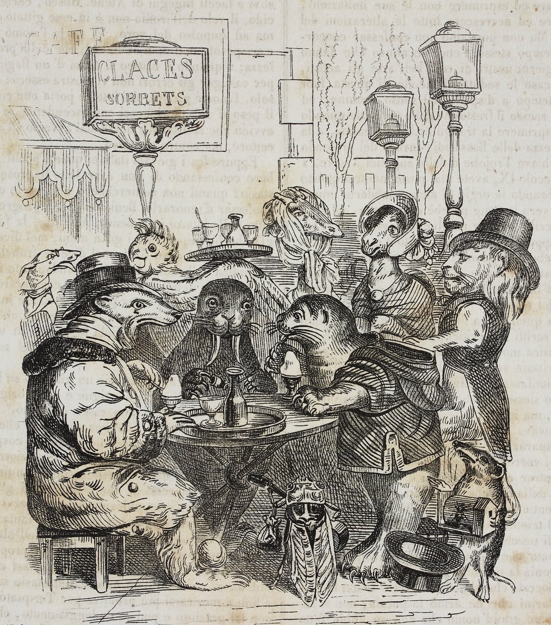 Fagylaltozóban ülő vadállatok, Giovanni Mariani litográfiája Jean-Jacques Grandville (1803-1847) karikatúrája nyomán, a Poliorama Pittoresco-ból, január 21. 24. alkotó: Grandville