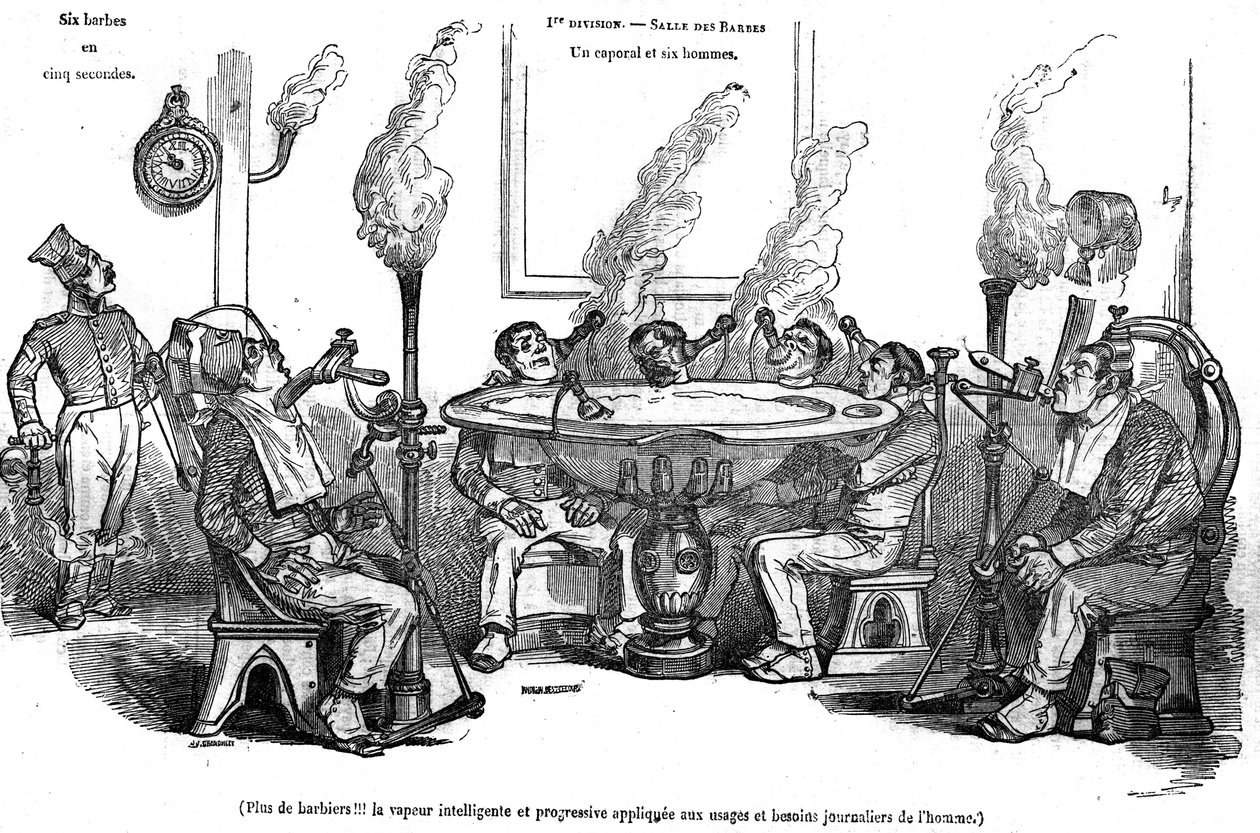 Karikatúra Grandville-ről, amely egy tizedest és embereit ábrázolja a Salle des Barbes-ban, amint gőzgéppel borotválják őket borbély segítsége nélkül. „A festői boltban” 1835 alkotó: Grandville