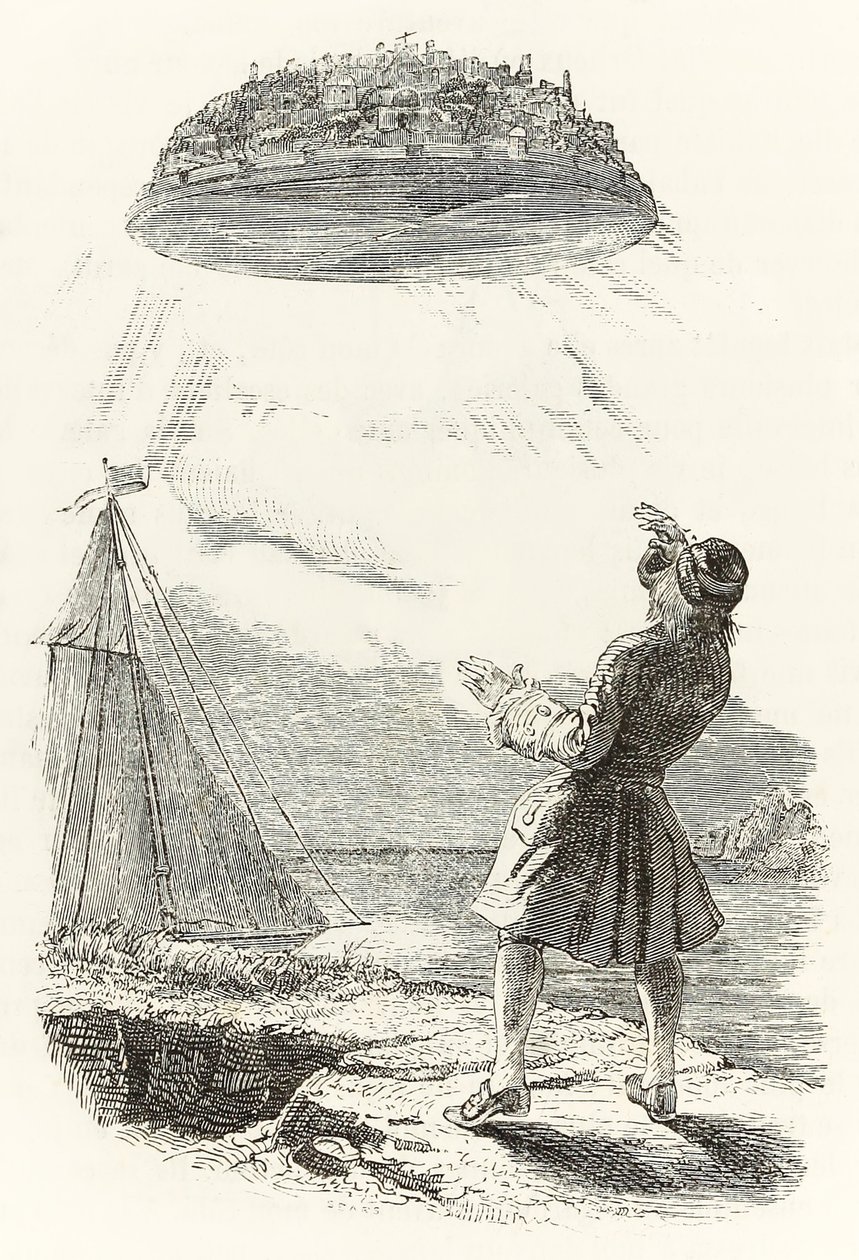 Gulliver először látja a repülő Laputa szigetet, Jonathan Swift „Gulliver utazásai” című művéből. alkotó: Grandville